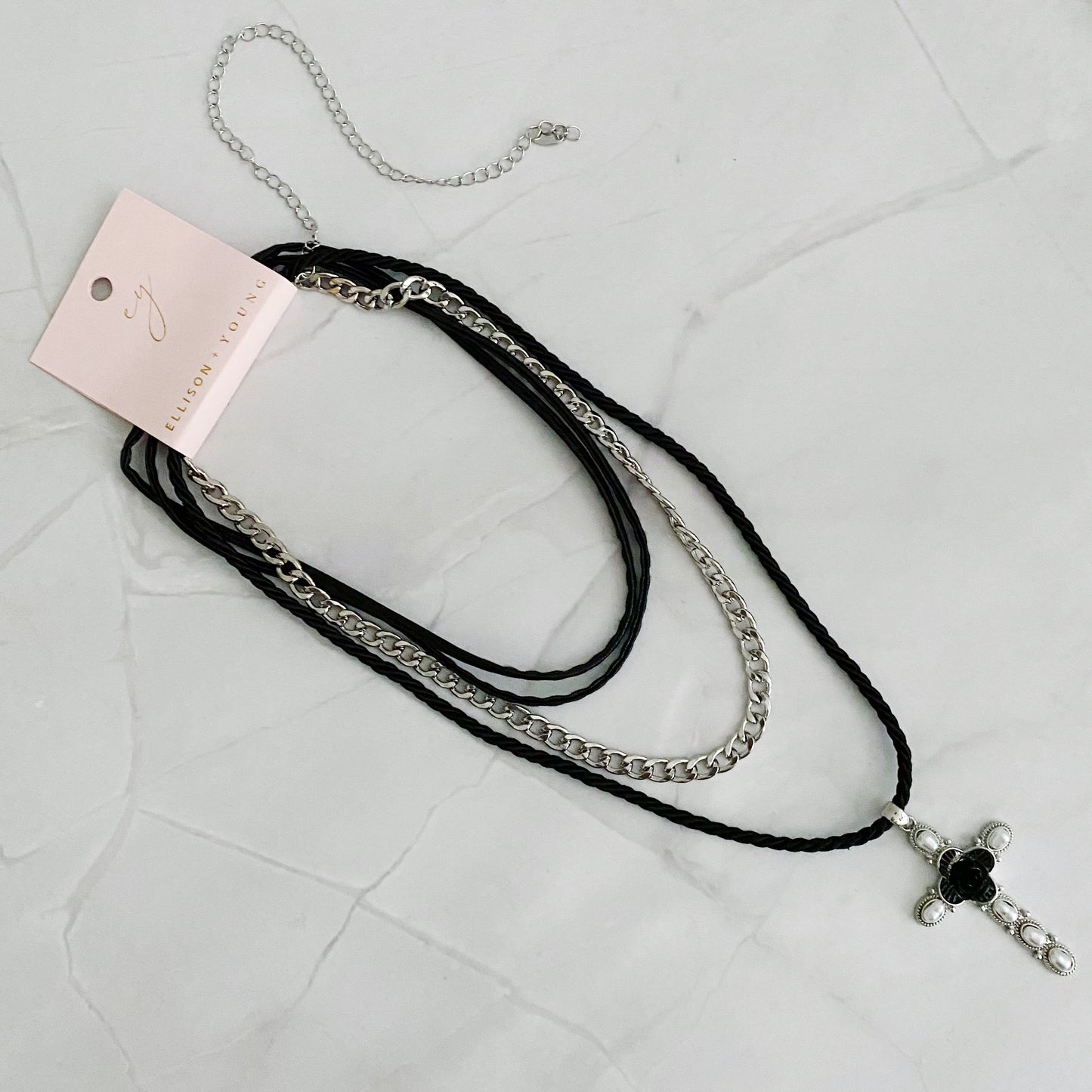 Elegant Layered Black Rose Cross Necklace