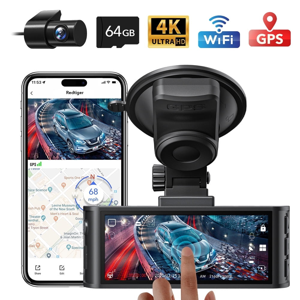 Dash Cam Front and Rear, Touch Screen Dash Camera with Wifi GPS, Voice Control, 4K Dashcam with Super Night Vision, WDR, 24H Parking Mode, Vehicle, Free 64GB Card
