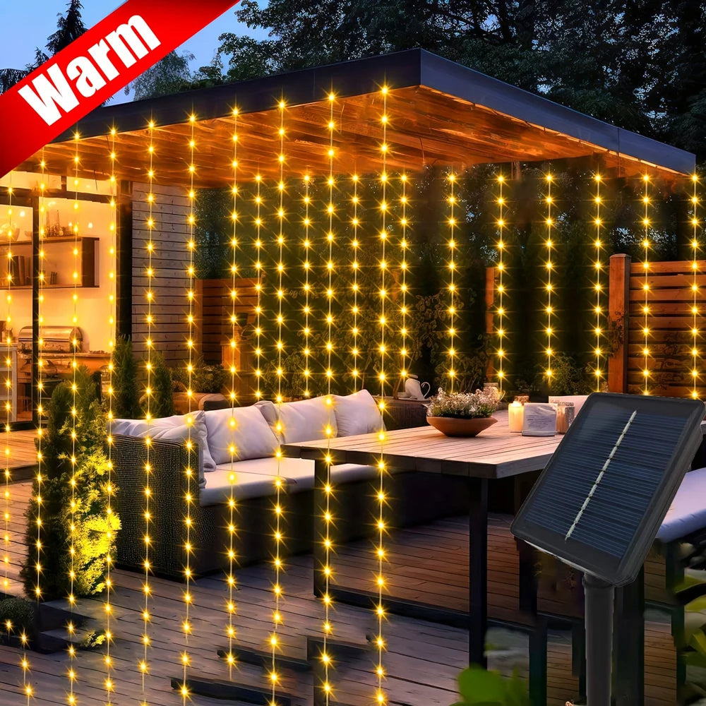 Outdoor Solar LED Curtain Fairy Lights - Decorative String Lights for Christmas and Weddings, Available in 600/300/200/100 LEDs