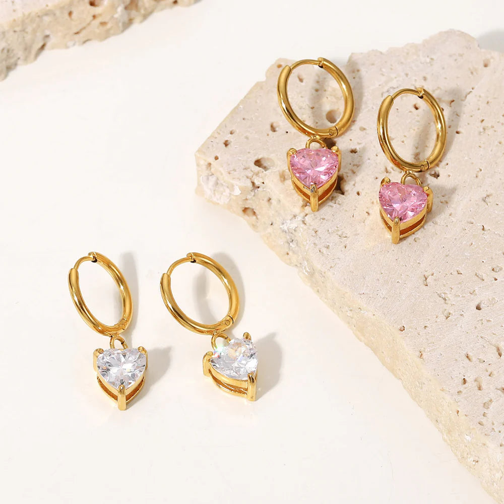 18K Gold Plated White Heart Cubic Zirconia Huggie Hoop Earrings