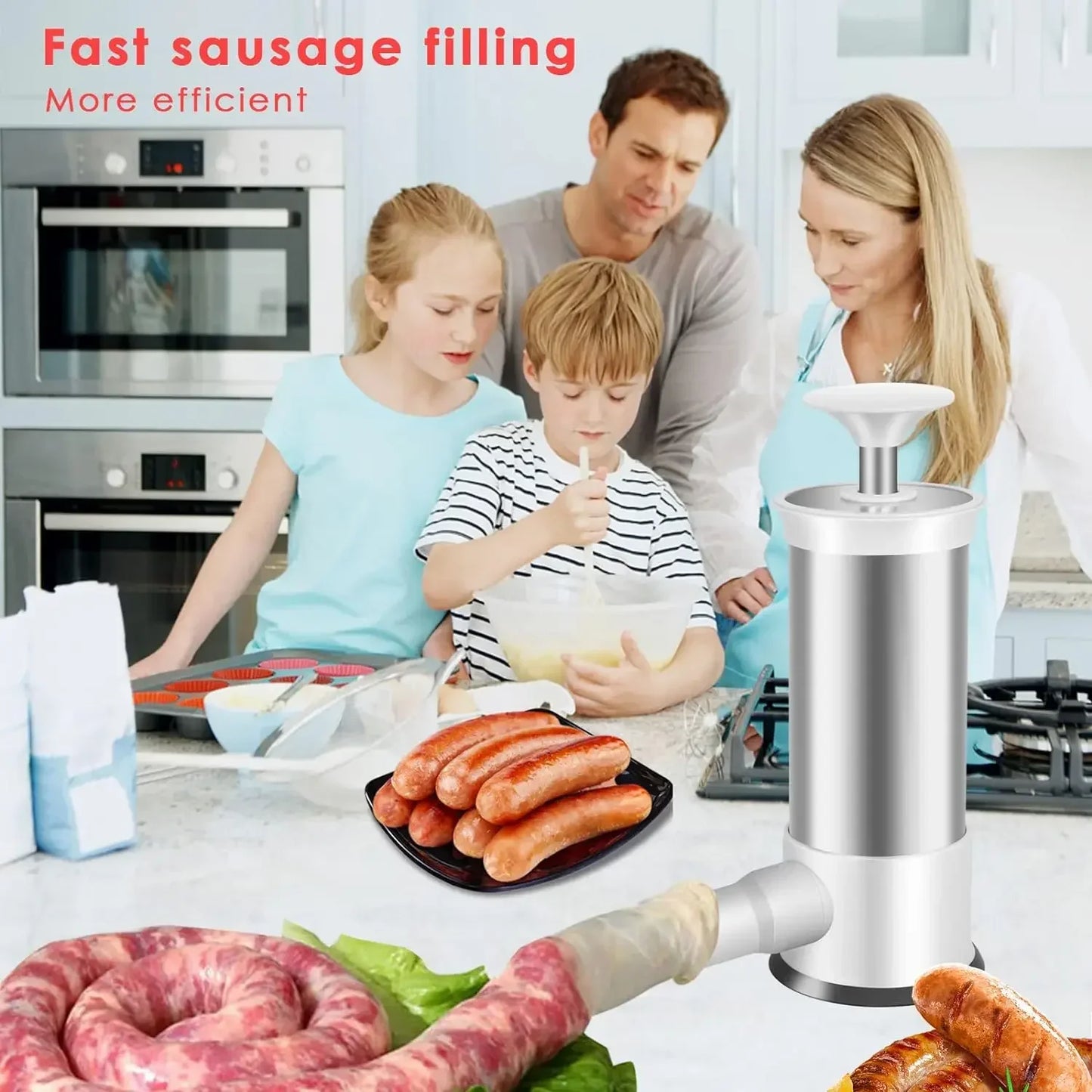 Stainless Steel Sausage Stuffer Machine for Homemade Sausage with 4 Stuffing Tubes - Kitchen Meat Filling Tool