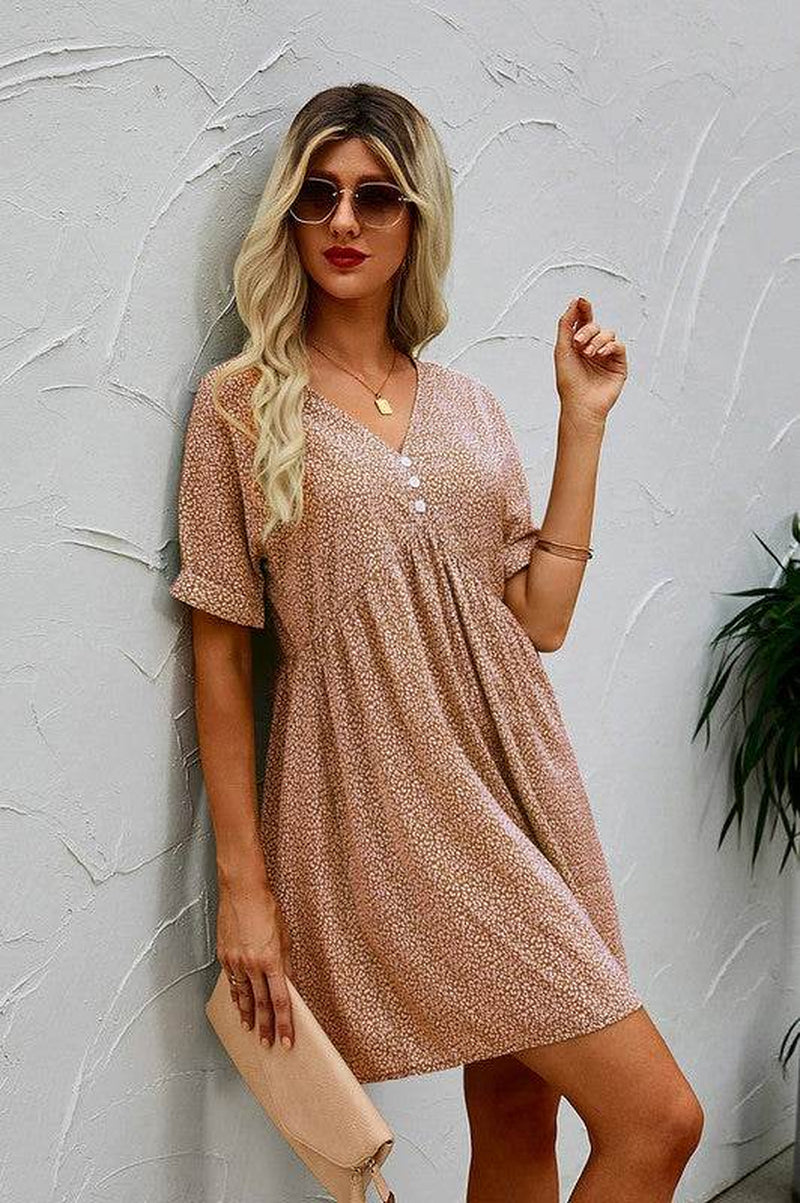 V-Neck Short Sleeve Tunic Dress with Button Detail