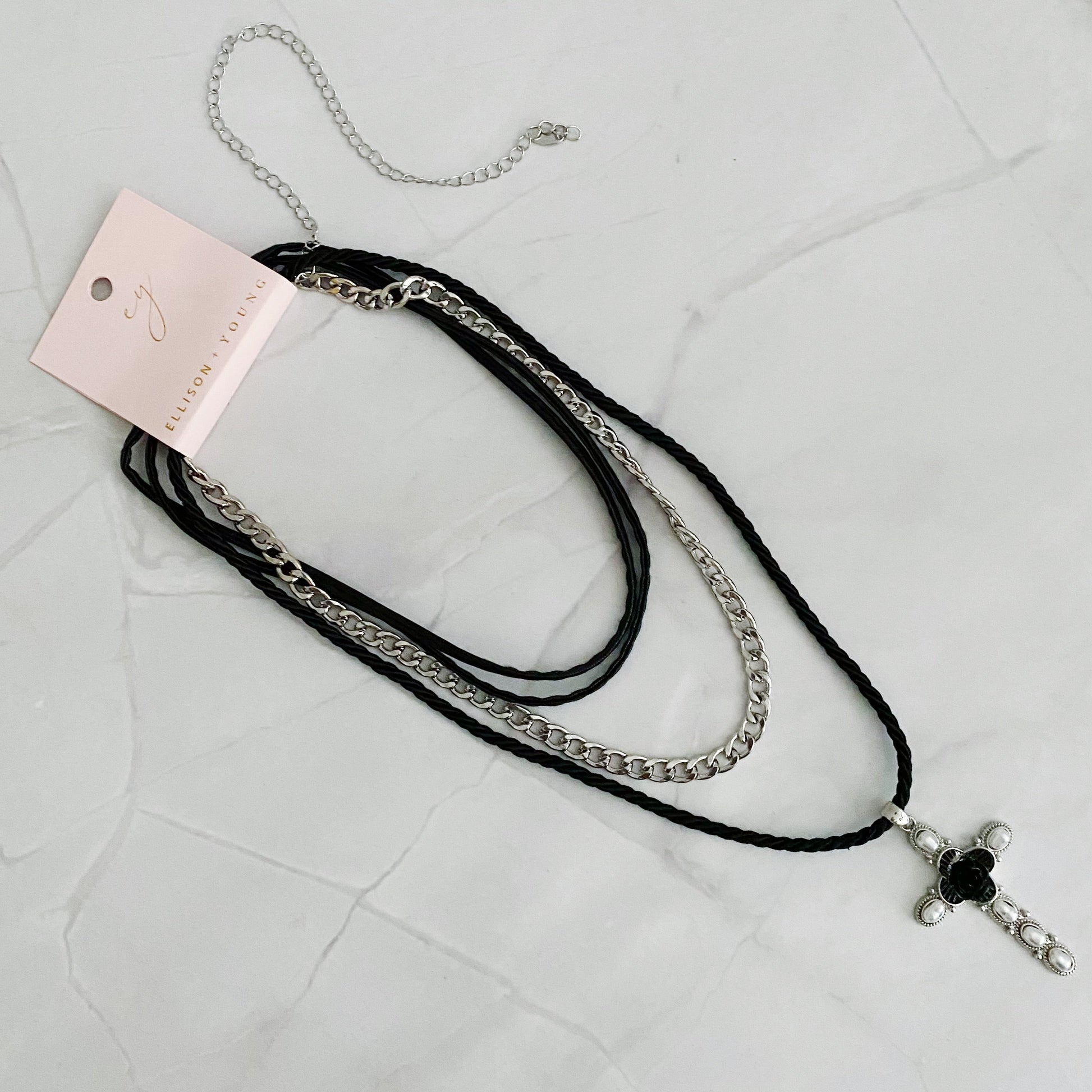 Elegant Layered Black Rose Cross Necklace