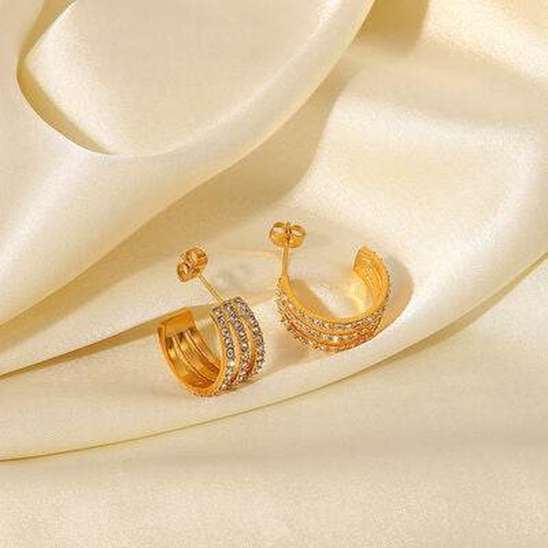 Stainless Steel Zircon Inlaid C-Hoop Earrings