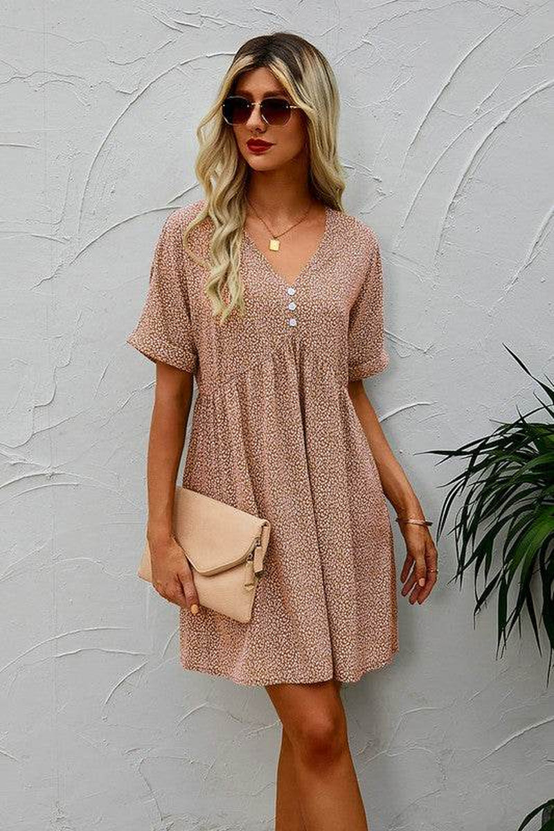 V-Neck Short Sleeve Tunic Dress with Button Detail