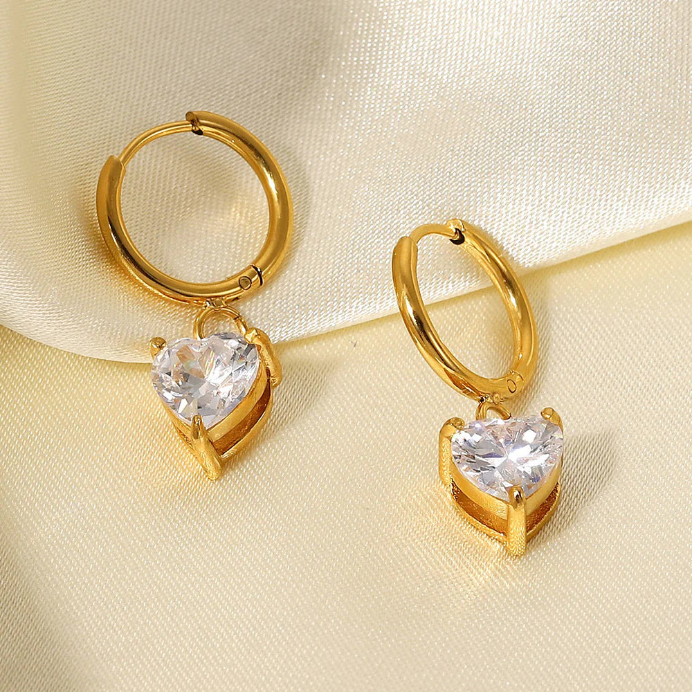18K Gold Plated White Heart Cubic Zirconia Huggie Hoop Earrings
