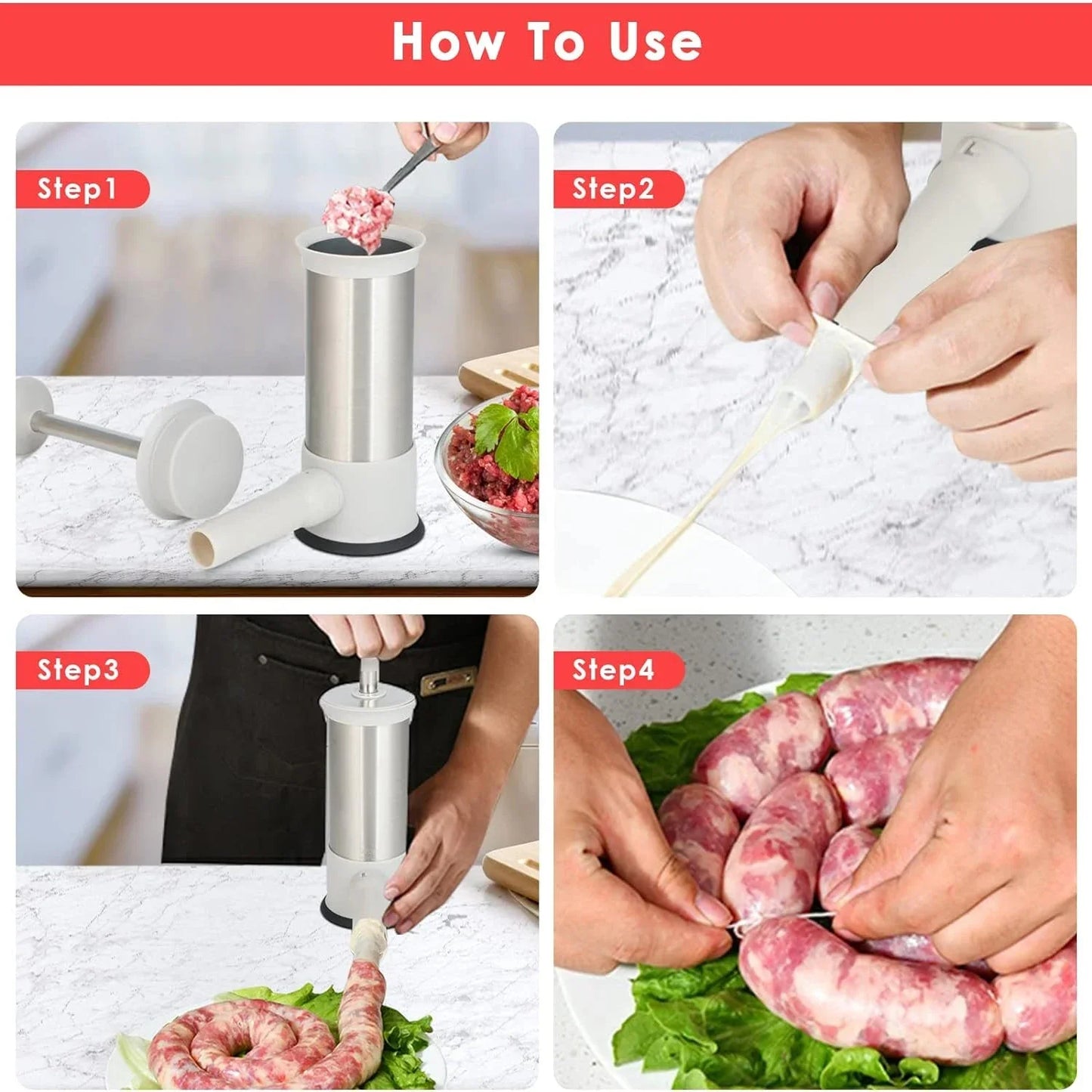 Stainless Steel Sausage Stuffer Machine for Homemade Sausage with 4 Stuffing Tubes - Kitchen Meat Filling Tool
