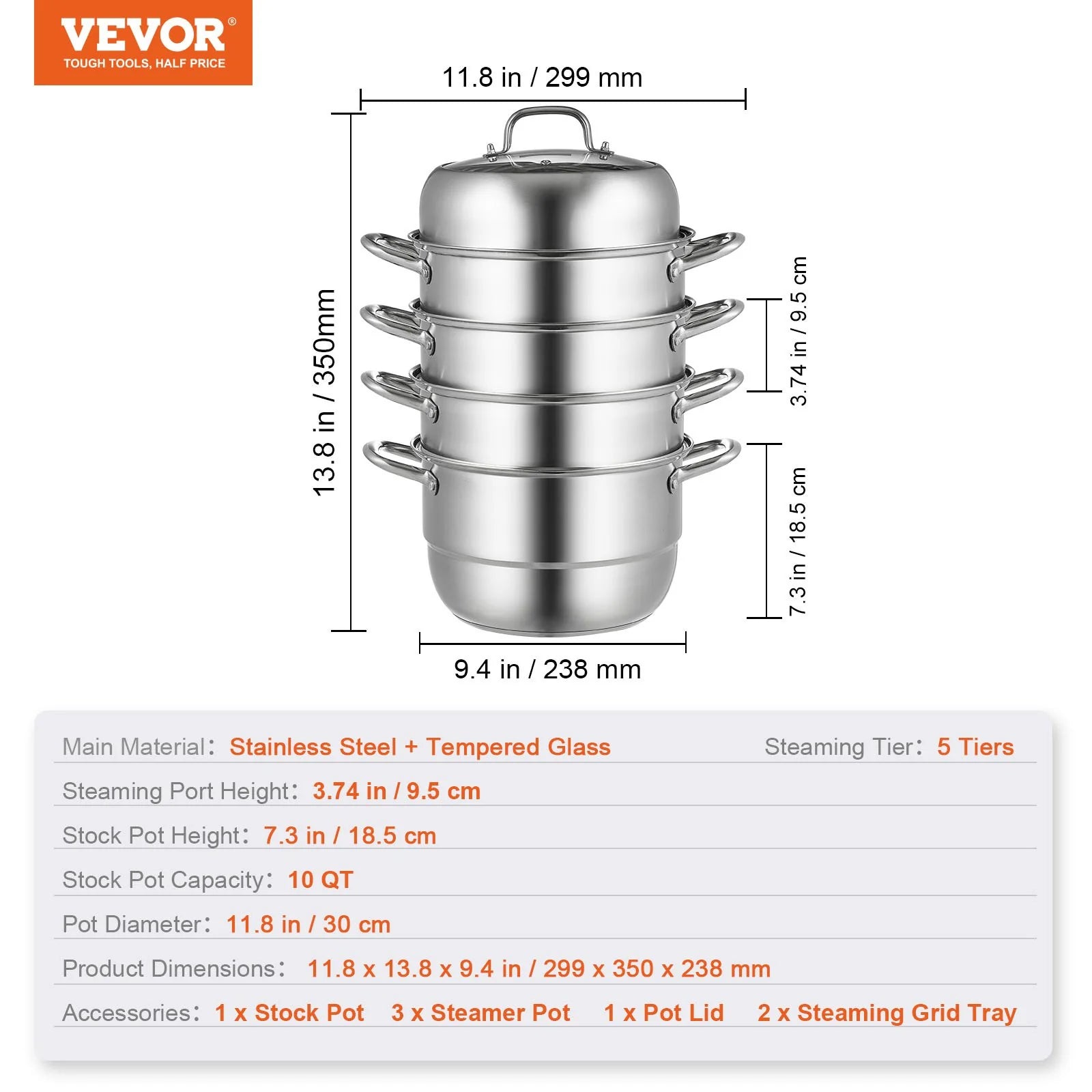 VEVOR Dumpling Steamer Stainless Steel 5 Titer for for Cook Soup, Noodles, Fishes Work with Gas Electric Grill Stove Top, Dia 30Cm/11.8Inch, Pot