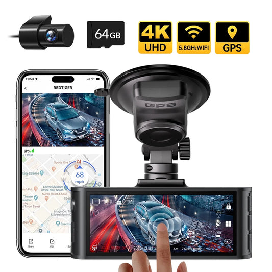 Dash Cam Front and Rear, Touch Screen Dash Camera with Wifi GPS, Voice Control, 4K Dashcam with Super Night Vision, WDR, 24H Parking Mode, Vehicle, Free 64GB Card
