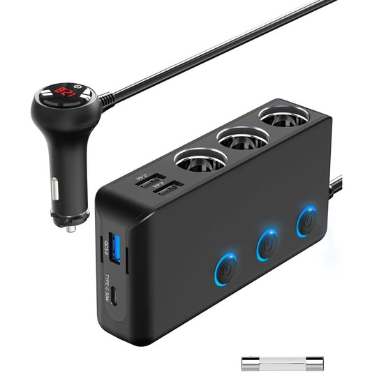 200W Car Charger Splitter with 3 Socket Cigarette Lighter Adapter and PD30W USB-C Multi-USB DC Outlet