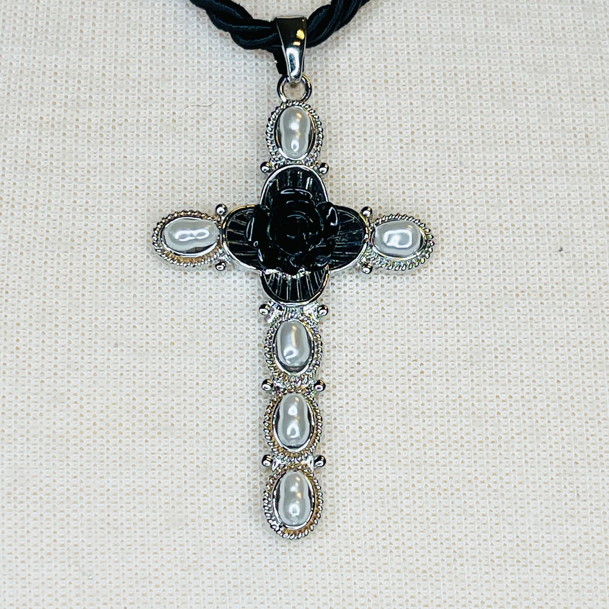 Elegant Layered Black Rose Cross Necklace
