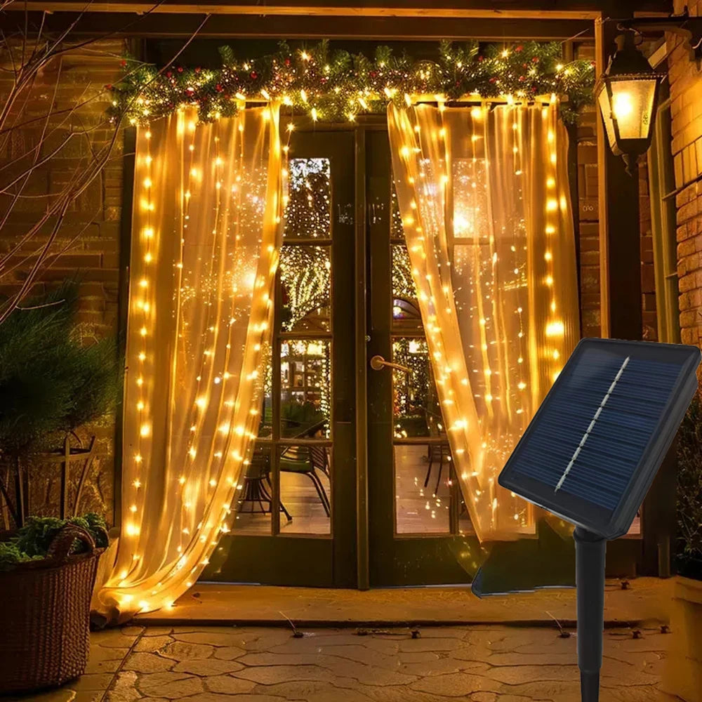 Outdoor Solar LED Curtain Fairy Lights - Decorative String Lights for Christmas and Weddings, Available in 600/300/200/100 LEDs