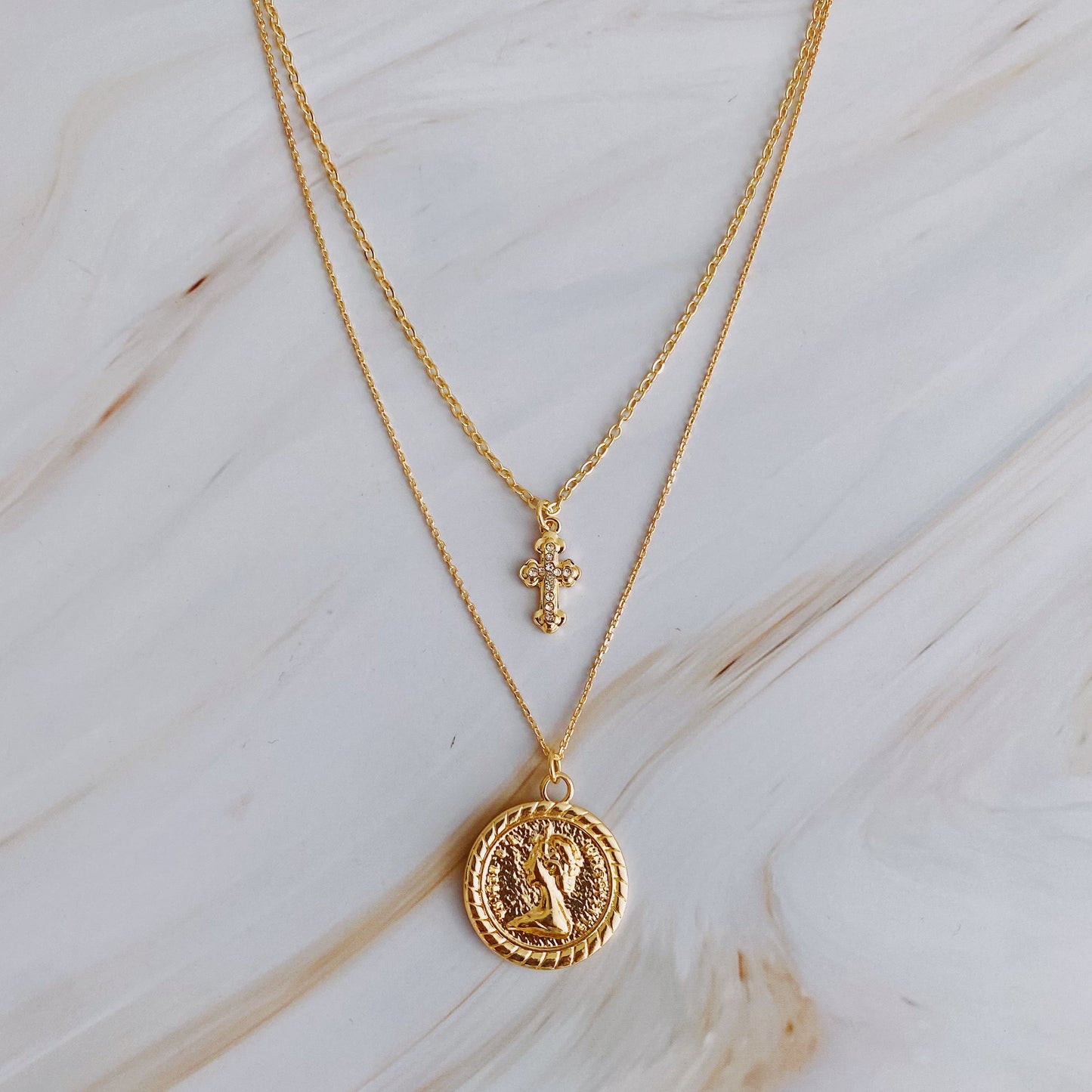 Layered Necklace with Cross and Coin Design
