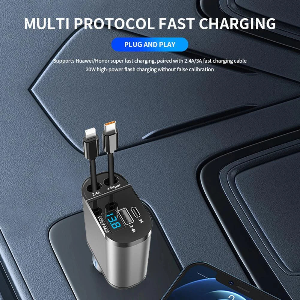 Retractable 4-in-1 Fast Car Charger 120W with USB Type-C Cable