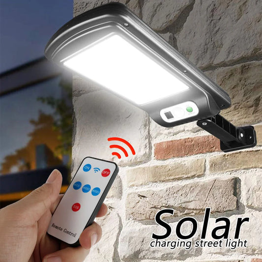 LED Solar Street Light with Remote Control, COB Technology, PIR Motion Sensor, IP65 Waterproof Outdoor Wall Lamp