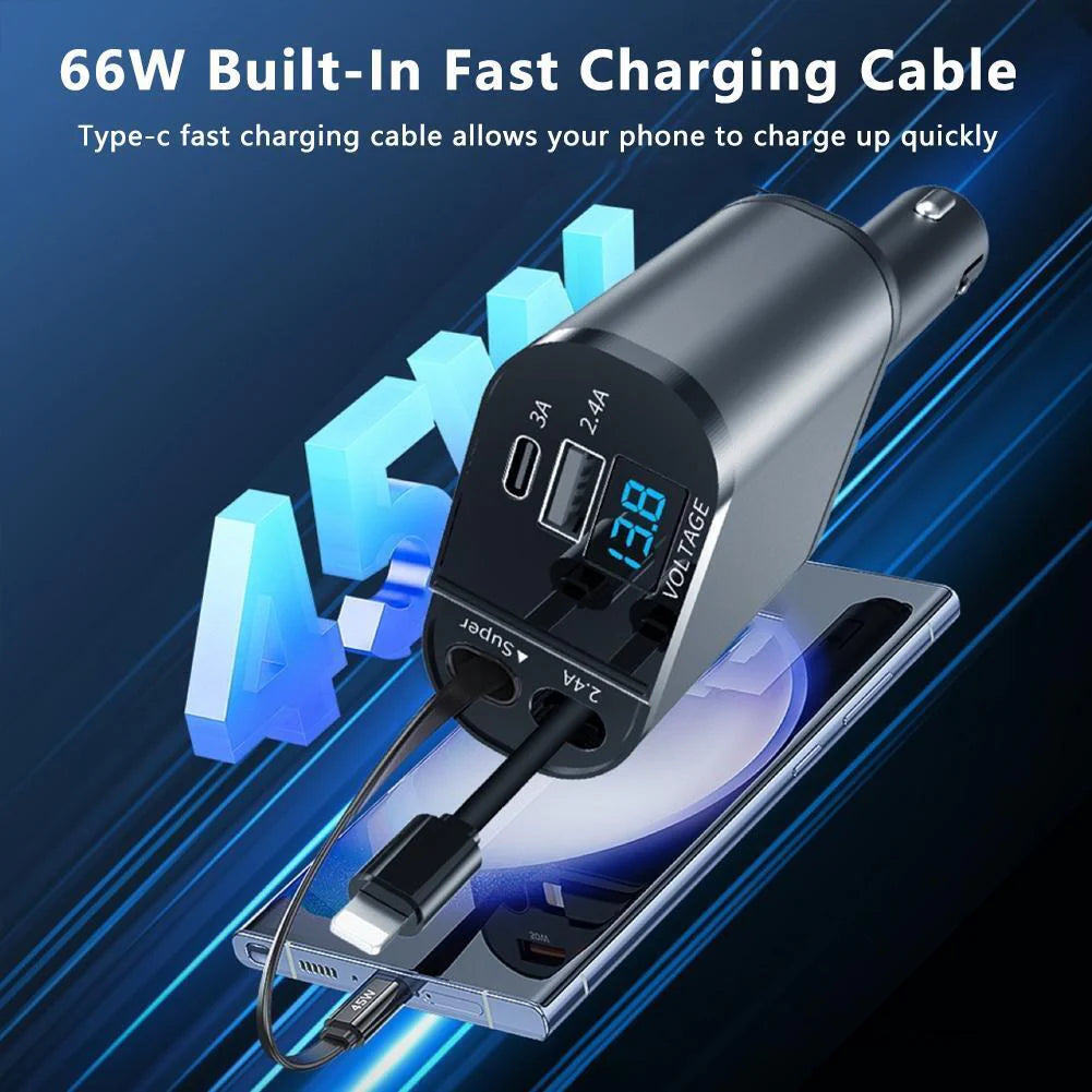 Retractable 4-in-1 Fast Car Charger 120W with USB Type-C Cable