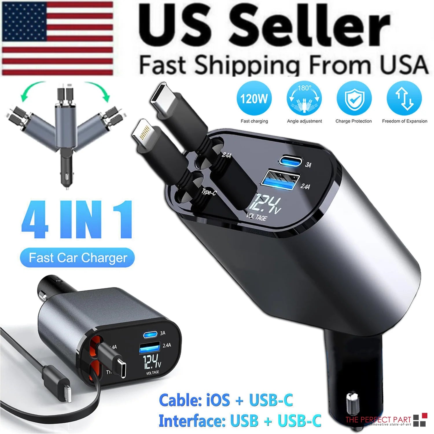 Retractable 4-in-1 Fast Car Charger 120W with USB Type-C Cable