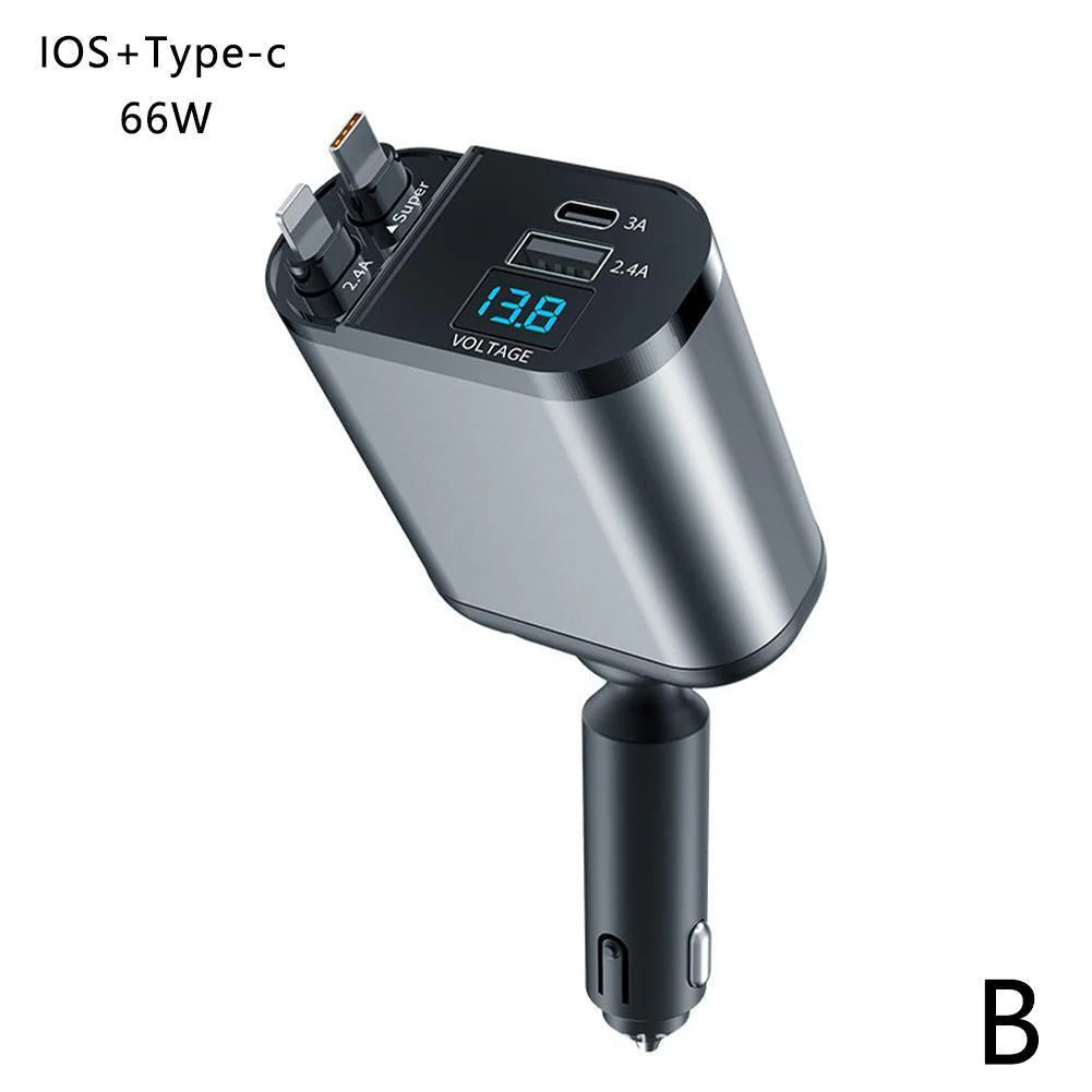 Retractable 4-in-1 Fast Car Charger 120W with USB Type-C Cable