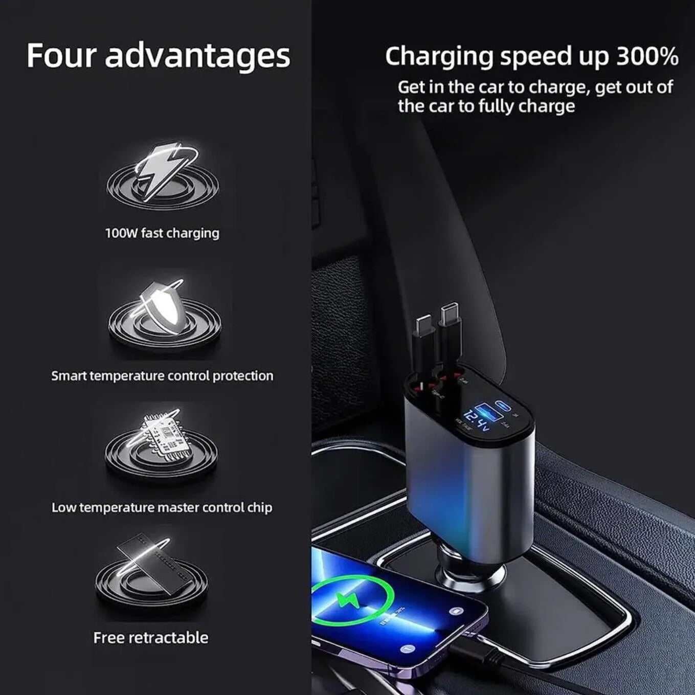 Retractable 4-in-1 Fast Car Charger 120W with USB Type-C Cable