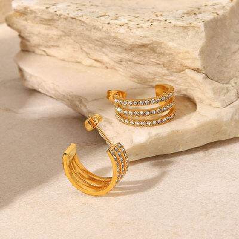 Stainless Steel Zircon Inlaid C-Hoop Earrings