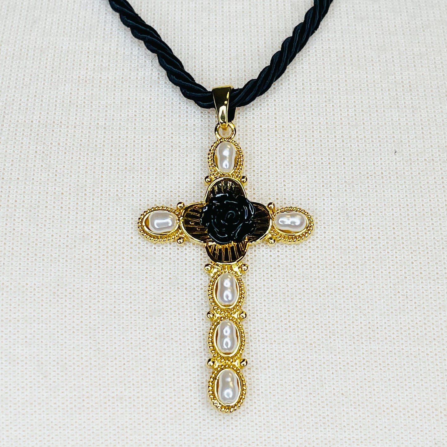 Elegant Layered Black Rose Cross Necklace