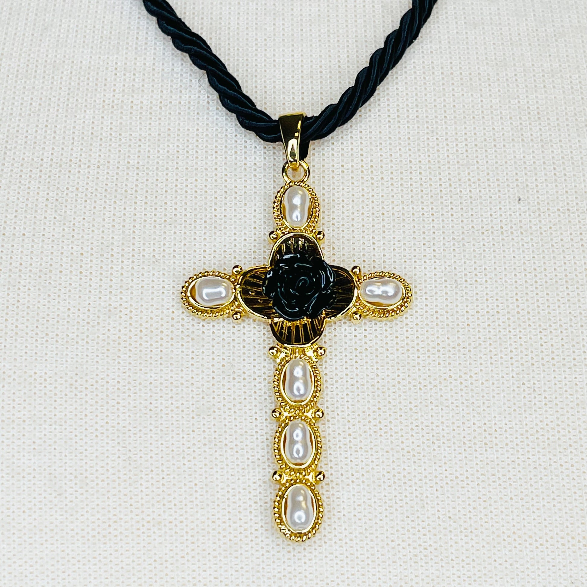 Elegant Layered Black Rose Cross Necklace