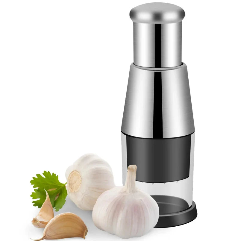Stainless Steel Manual Garlic Chopper and Masher - Handheld Push Type Garlic Crusher for Effortless Kitchen Preparation