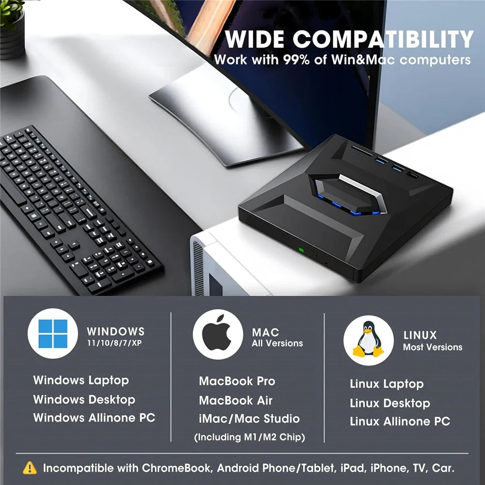 External USB 3.0 CD/DVD Writer and Player for Windows 11/10 PC and Laptop