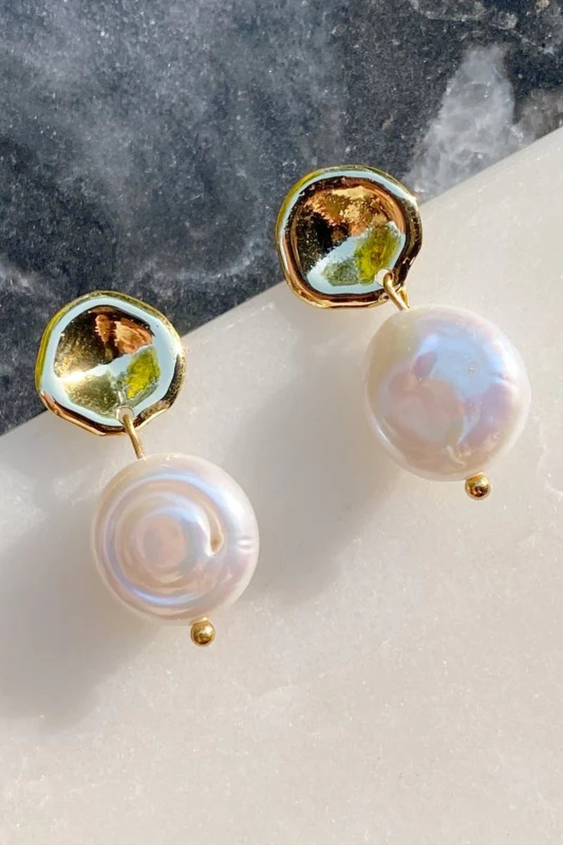 Golden Shell Pearl Dangle Earrings