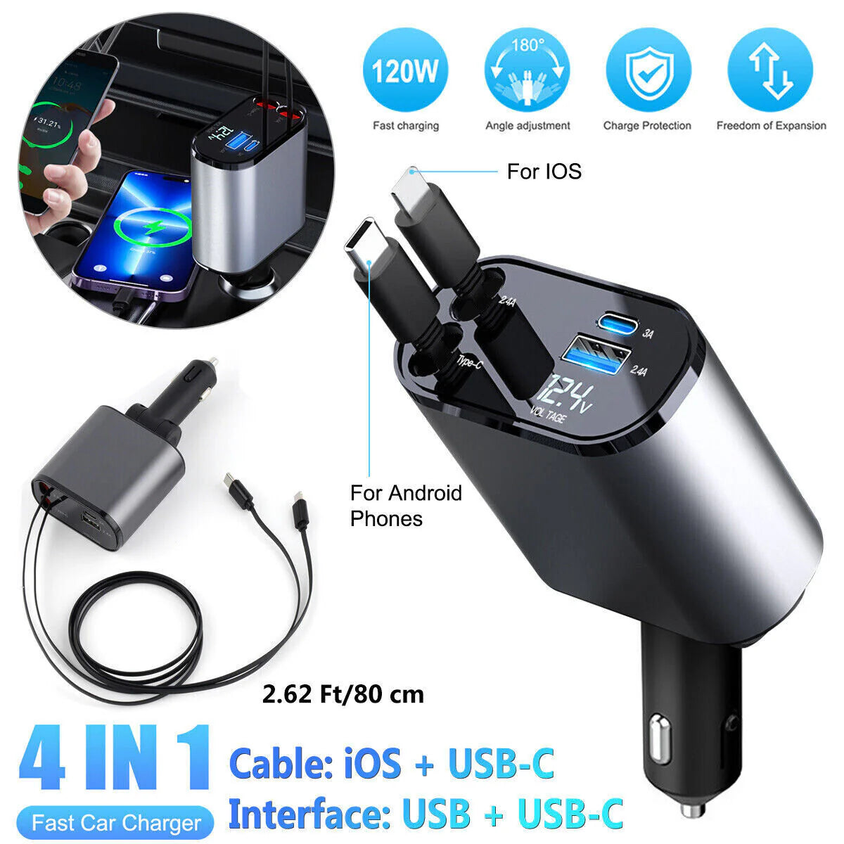 Retractable 4-in-1 Fast Car Charger 120W with USB Type-C Cable