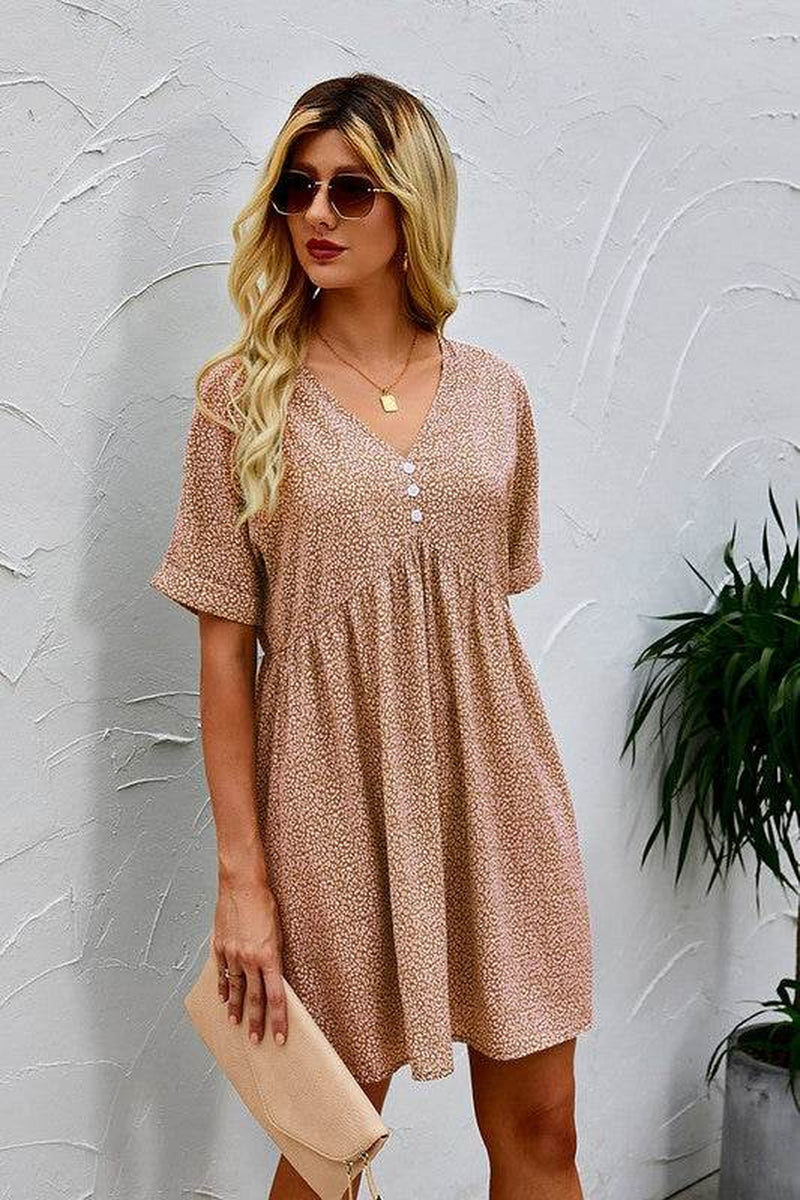 V-Neck Short Sleeve Tunic Dress with Button Detail