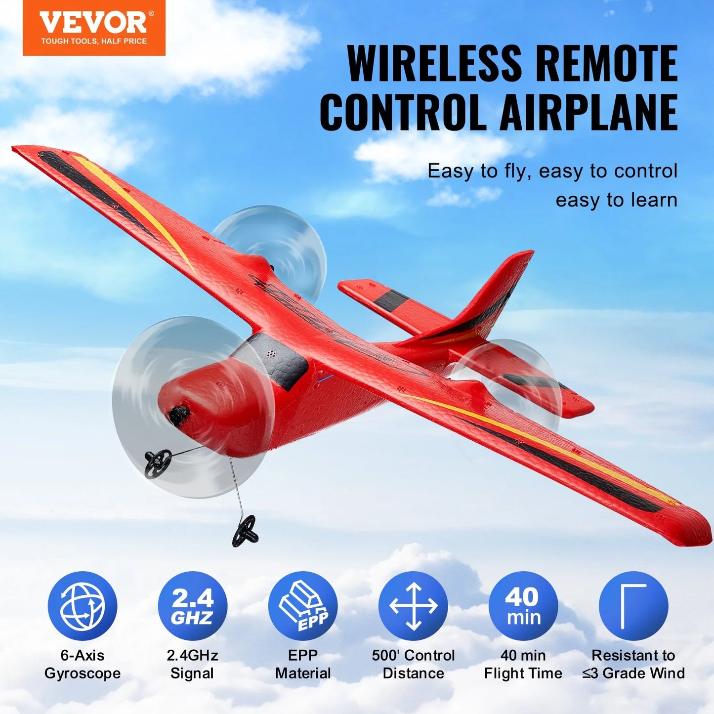 VEVOR EPP Foam RC Airplane with 2.4 GHz Remote Control and Dual Battery Pack