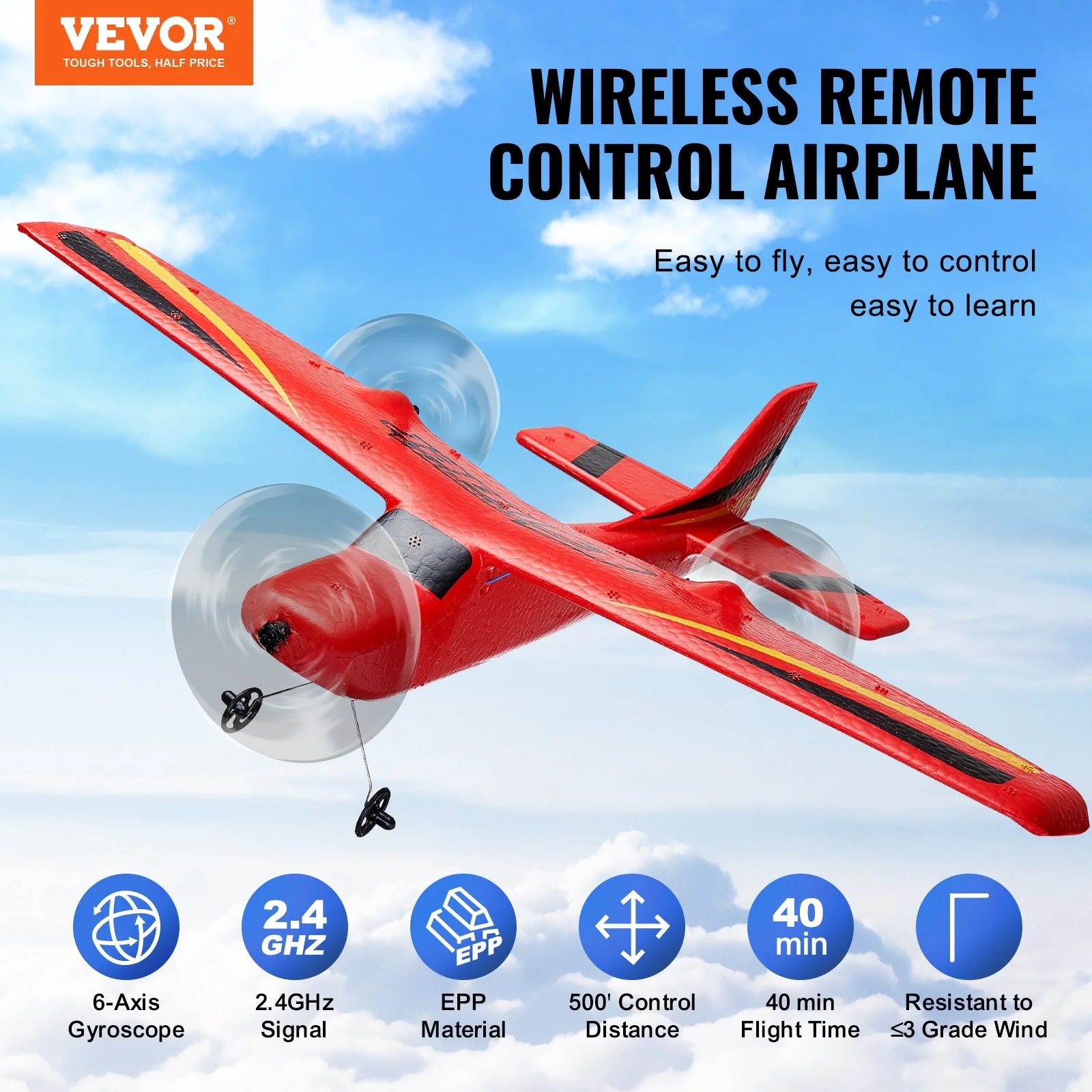 VEVOR EPP Foam RC Airplane with 2.4 GHz Remote Control and Dual Battery Pack