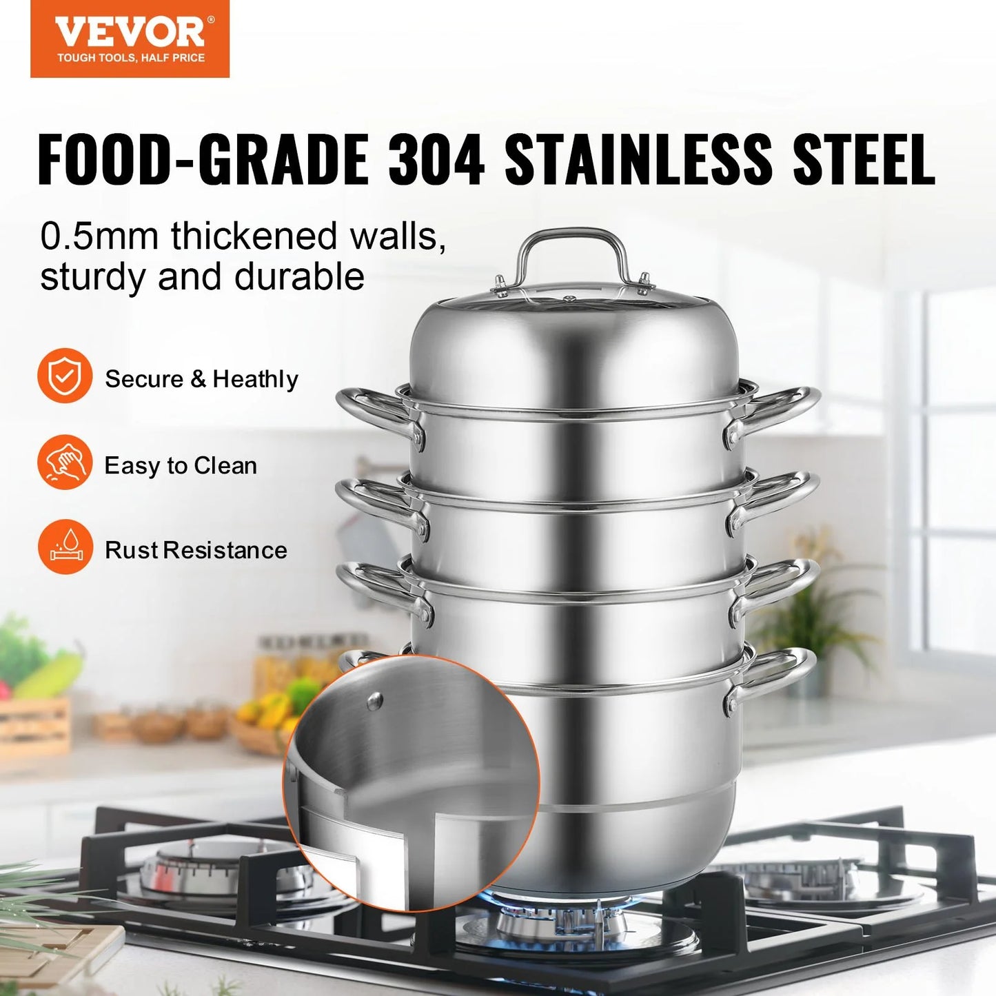 VEVOR Dumpling Steamer Stainless Steel 5 Titer for for Cook Soup, Noodles, Fishes Work with Gas Electric Grill Stove Top, Dia 30Cm/11.8Inch, Pot