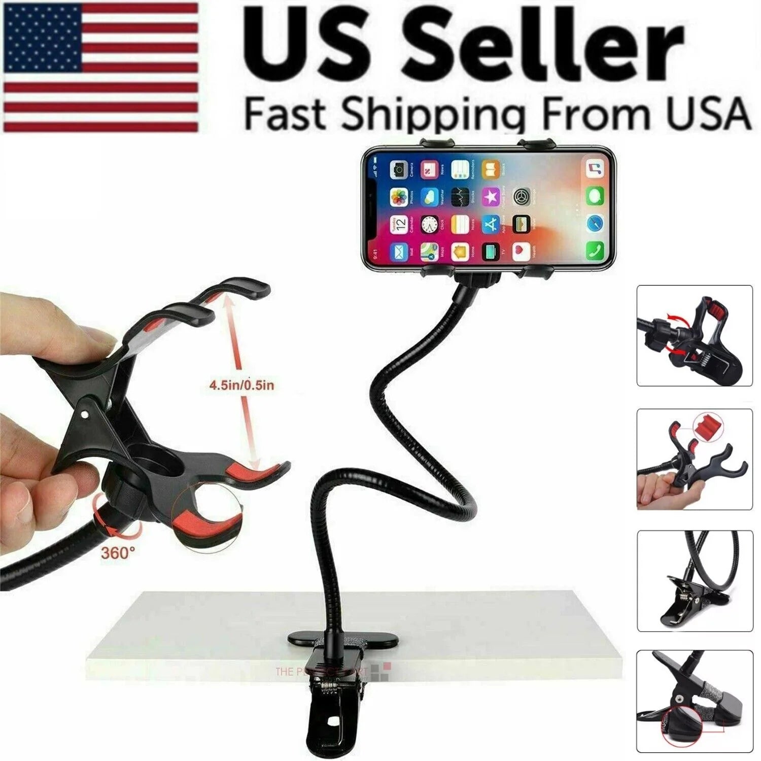 Universal Flexible Gooseneck Stand Holder for Mobile Phones with Clip for Bed, Desk, and Table Use
