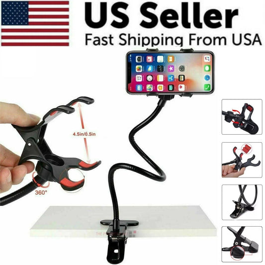 Universal Flexible Gooseneck Stand Holder for Mobile Phones with Clip for Bed, Desk, and Table Use
