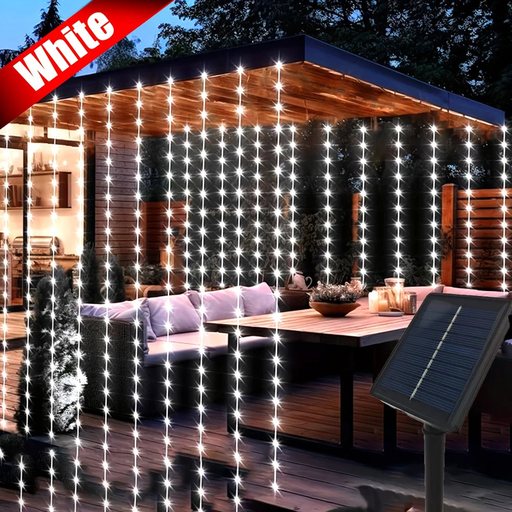 Outdoor Solar LED Curtain Fairy Lights - Decorative String Lights for Christmas and Weddings, Available in 600/300/200/100 LEDs