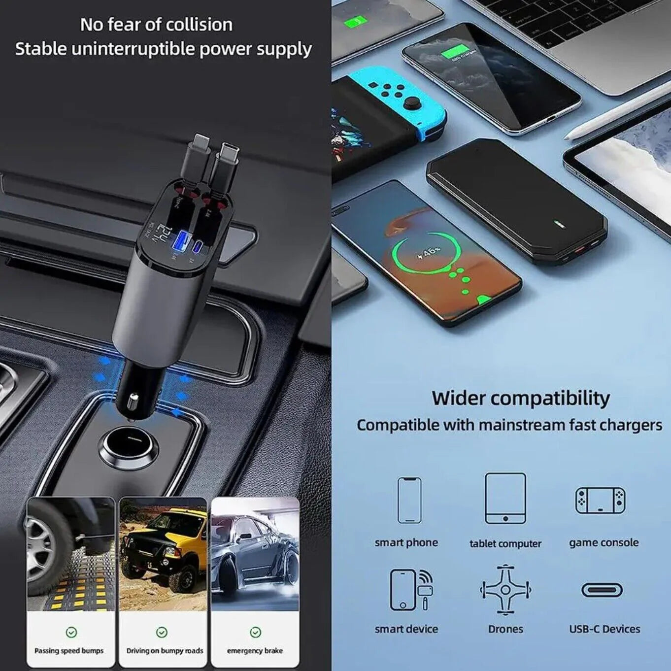 Retractable 4-in-1 Fast Car Charger 120W with USB Type-C Cable