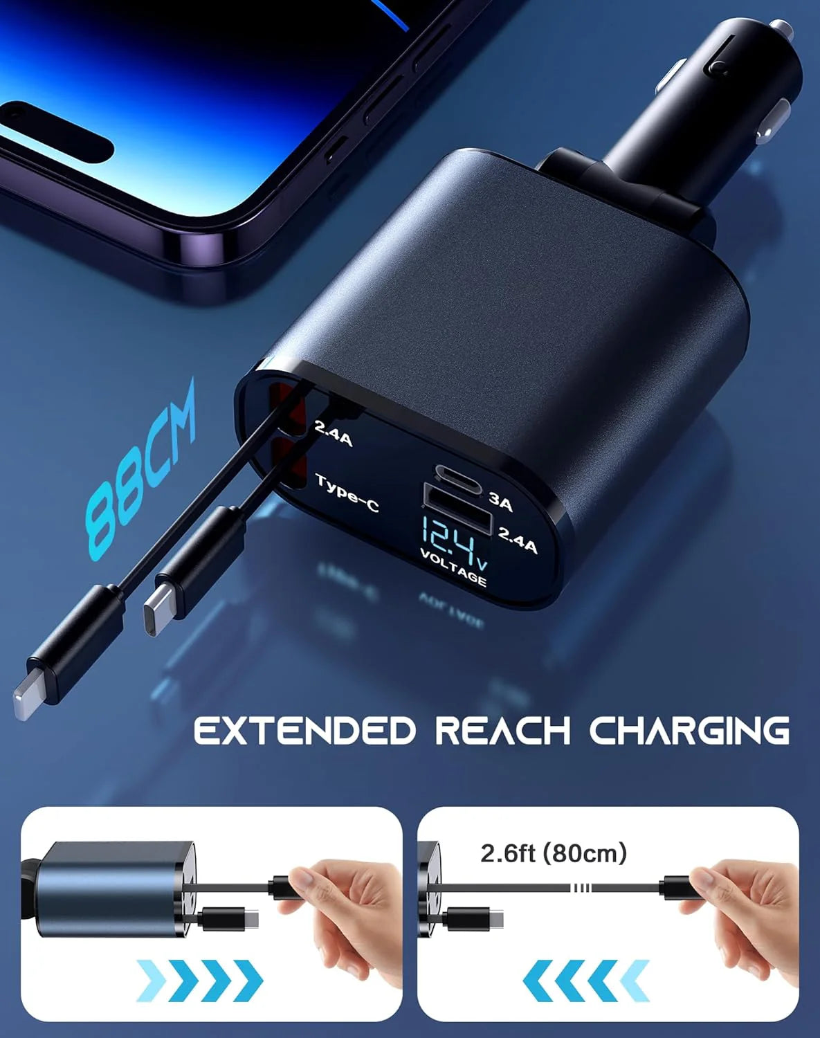 Retractable 4-in-1 Fast Car Charger 120W with USB Type-C Cable