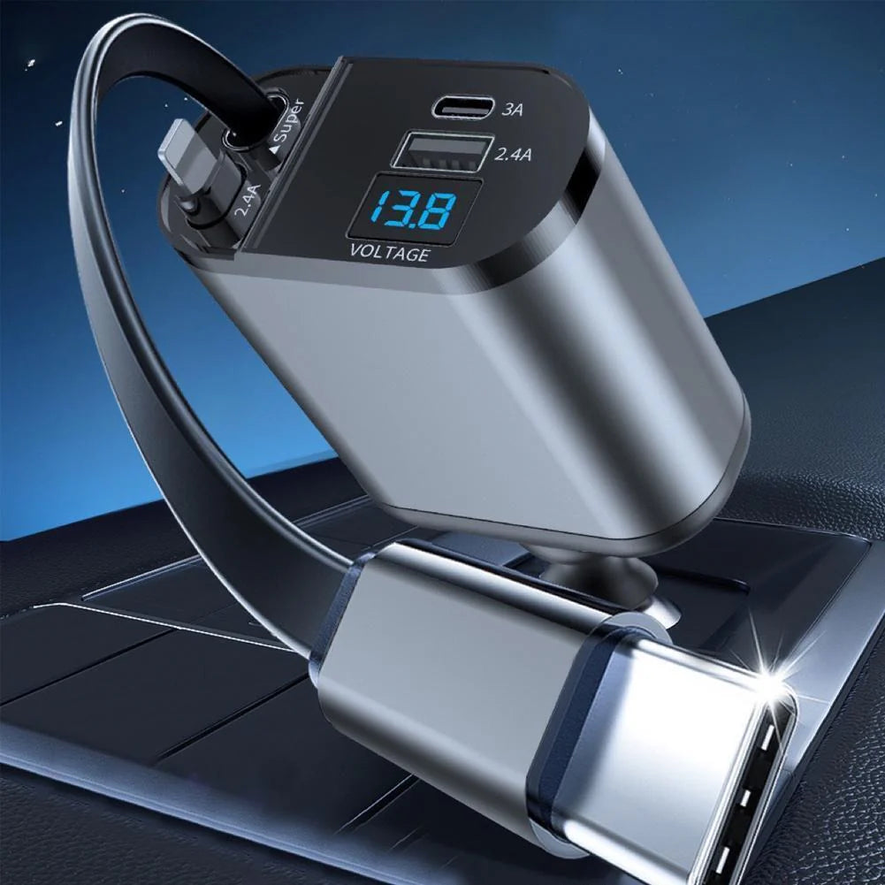 Retractable 4-in-1 Fast Car Charger 120W with USB Type-C Cable