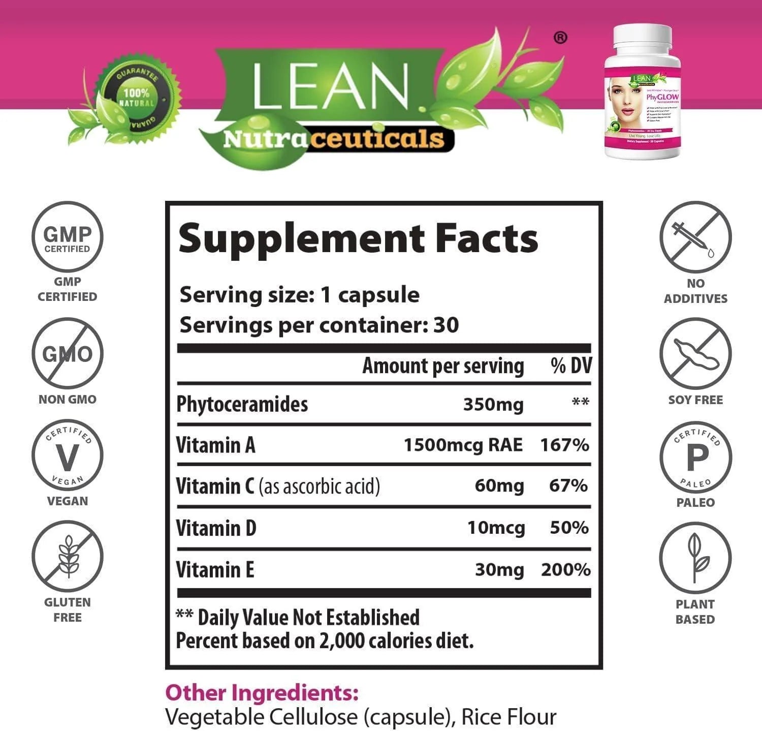 Phytoceramides 350mg Skin Hydration and Moisture Restoration Supplement with Multivitamins A, C, D, E and Phyglow for Anti-Aging Support - 30 Vegan Capsules for Men and Women