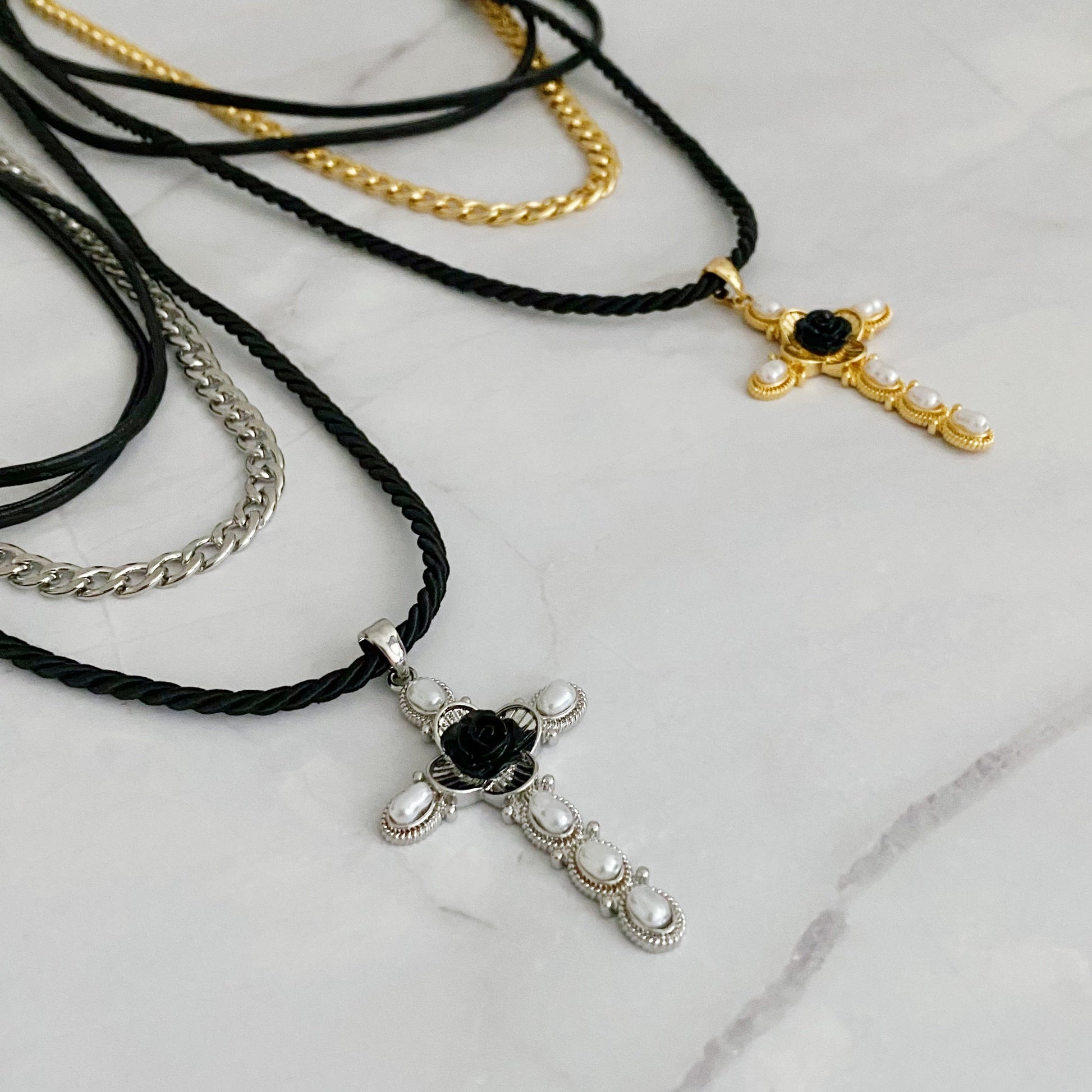Elegant Layered Black Rose Cross Necklace