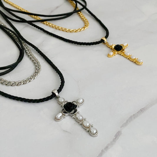Elegant Layered Black Rose Cross Necklace