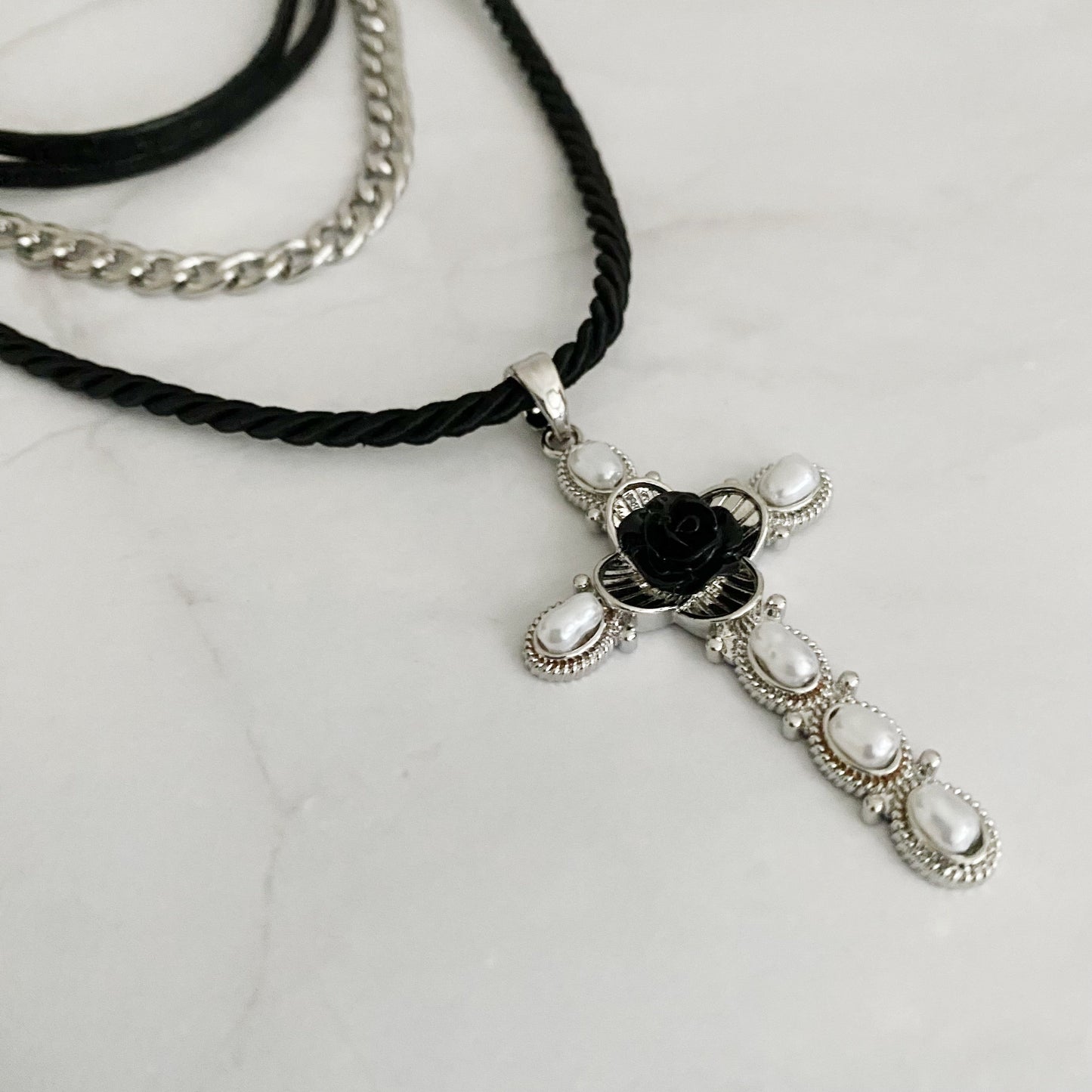 Elegant Layered Black Rose Cross Necklace