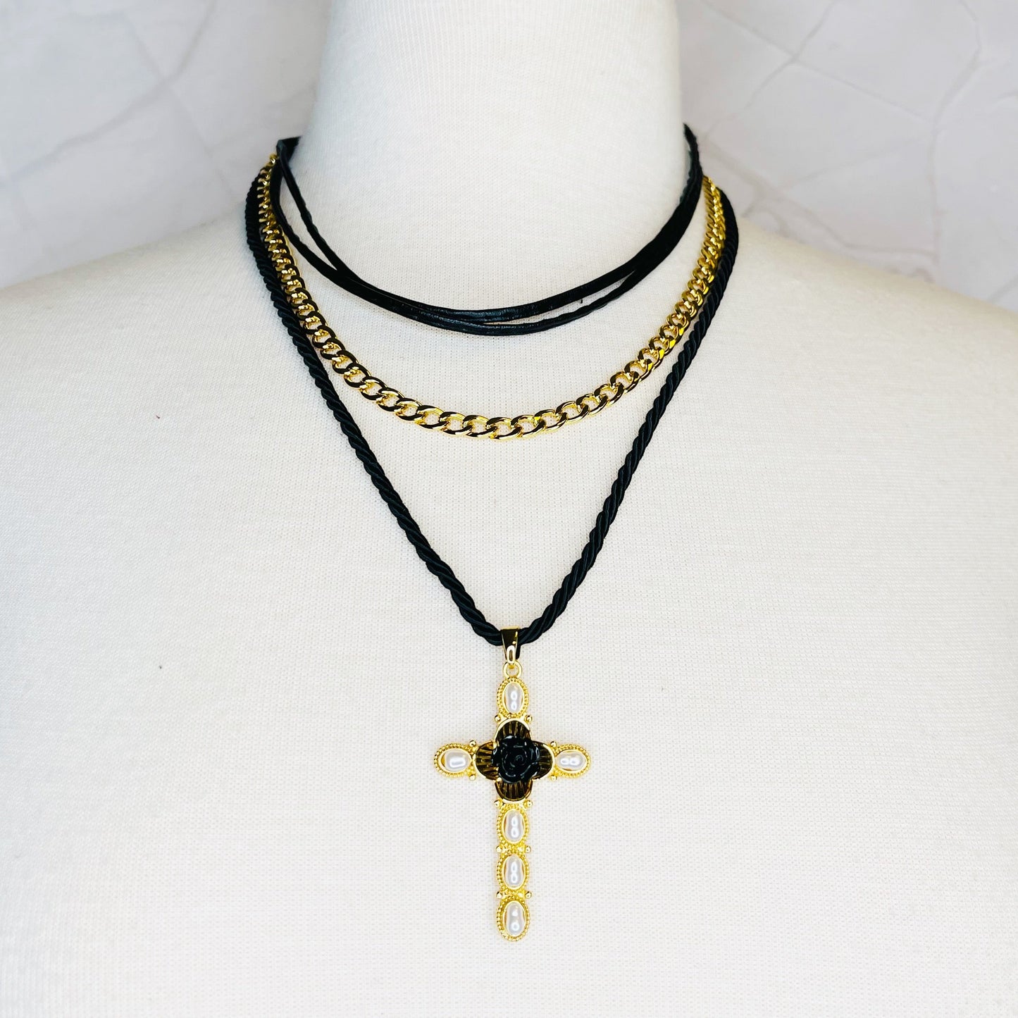 Elegant Layered Black Rose Cross Necklace