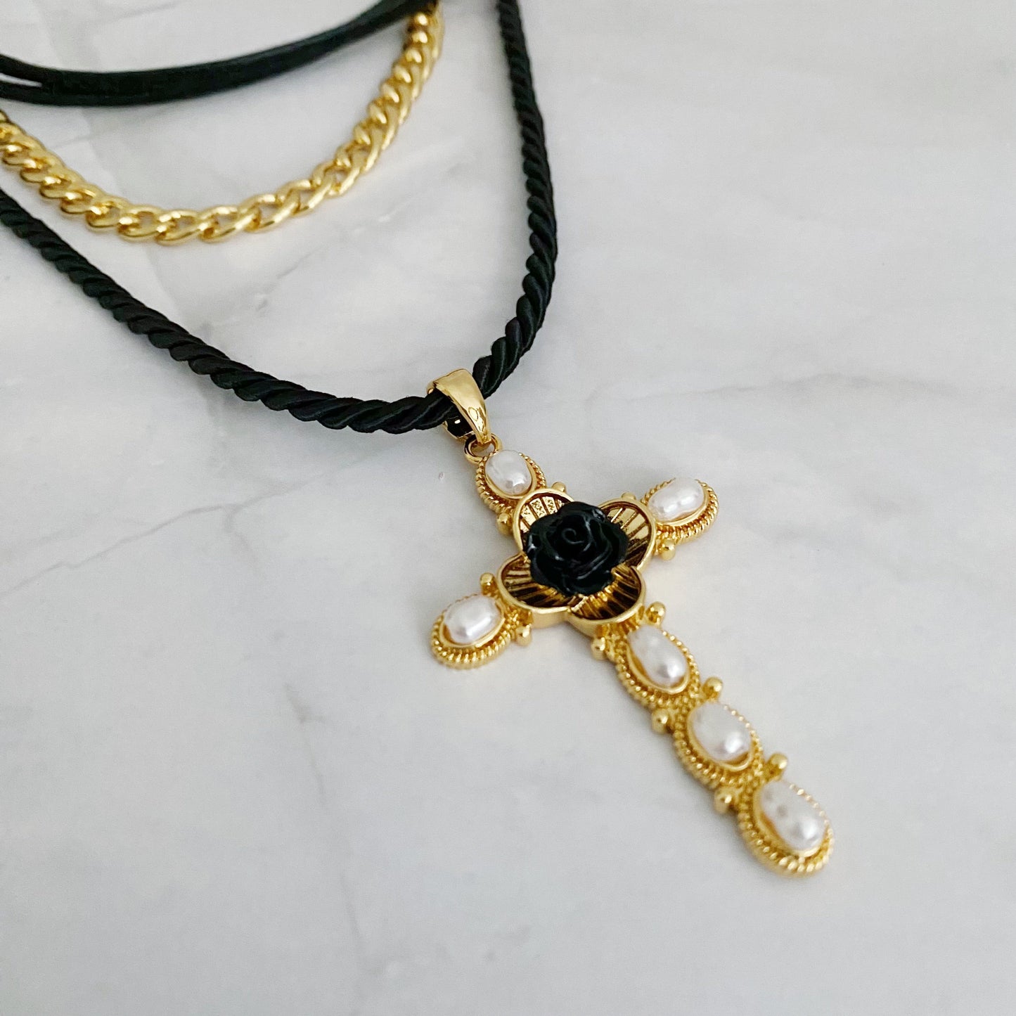 Elegant Layered Black Rose Cross Necklace