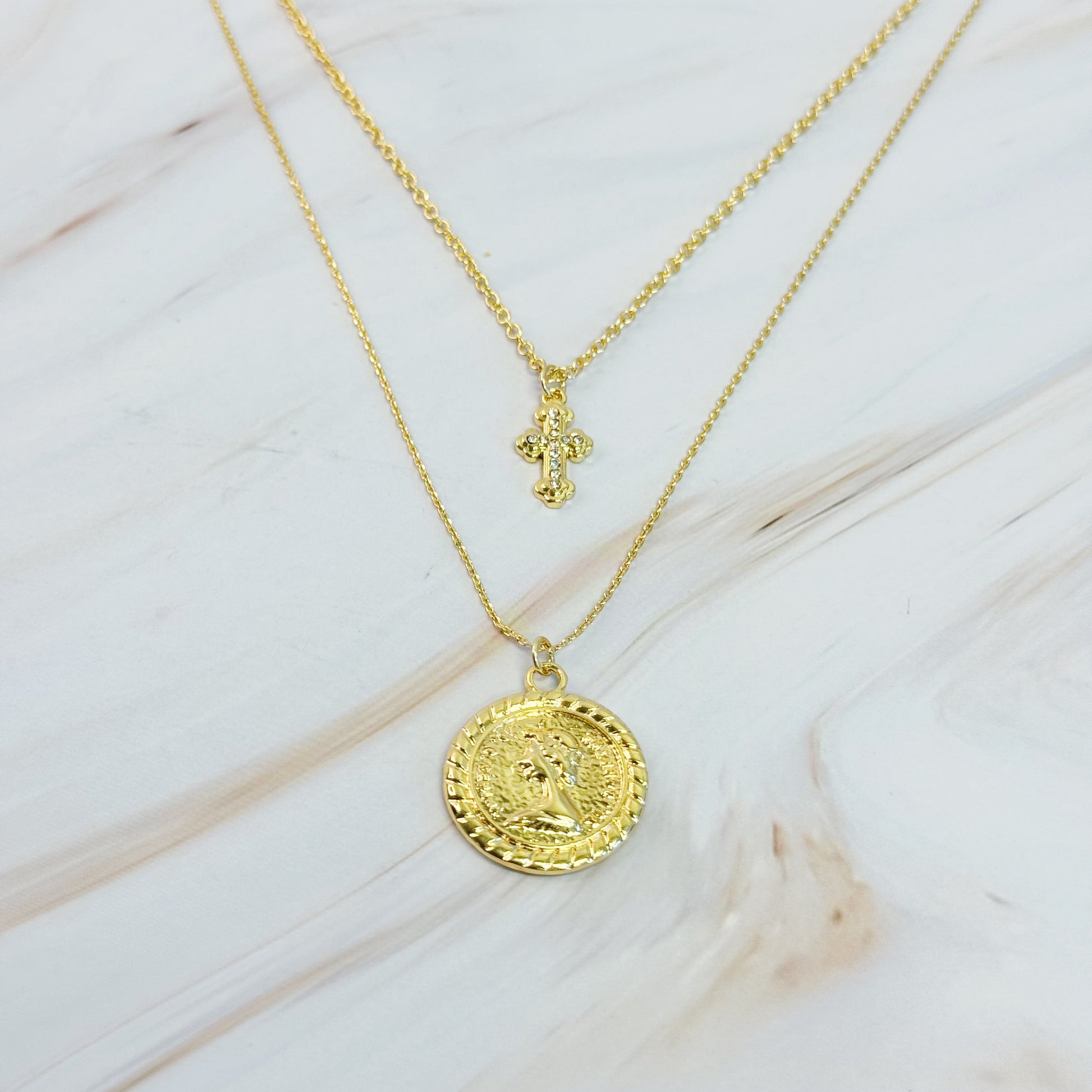 Layered Necklace with Cross and Coin Design