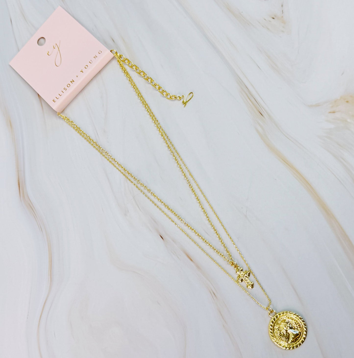 Layered Necklace with Cross and Coin Design