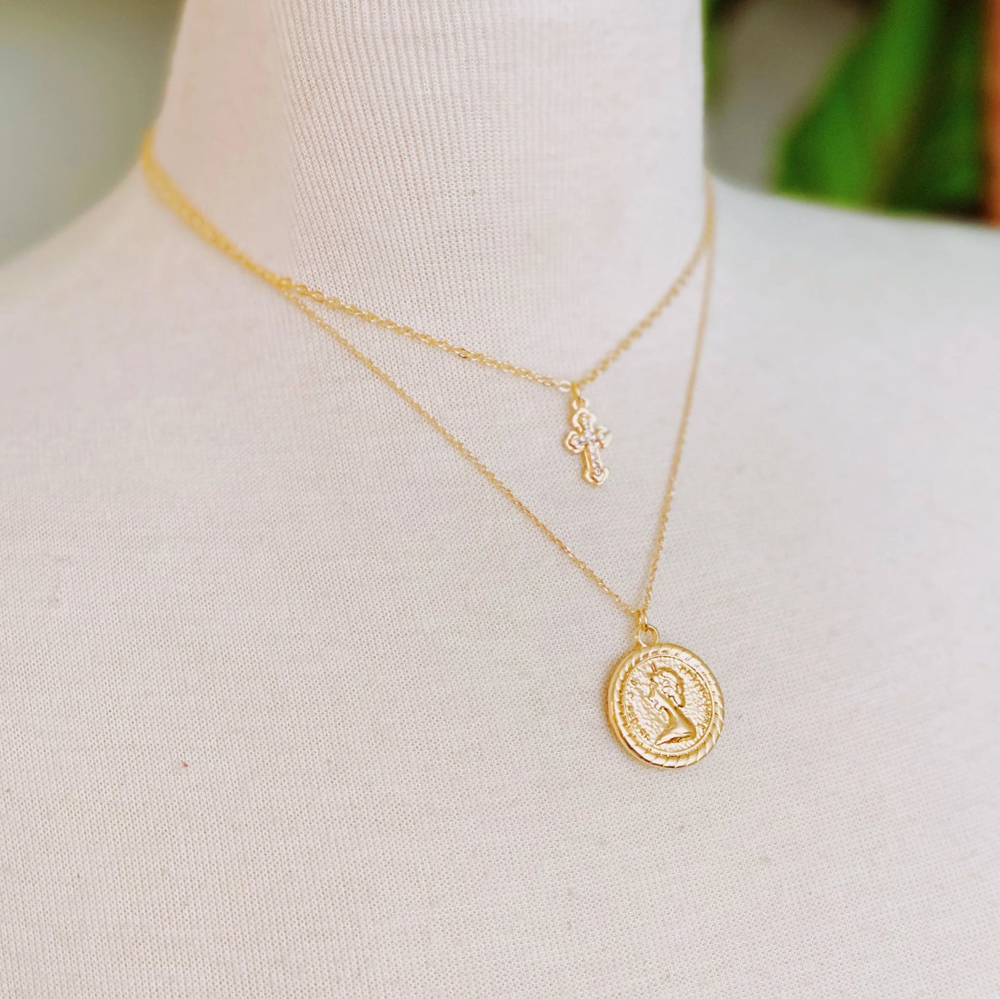 Layered Necklace with Cross and Coin Design