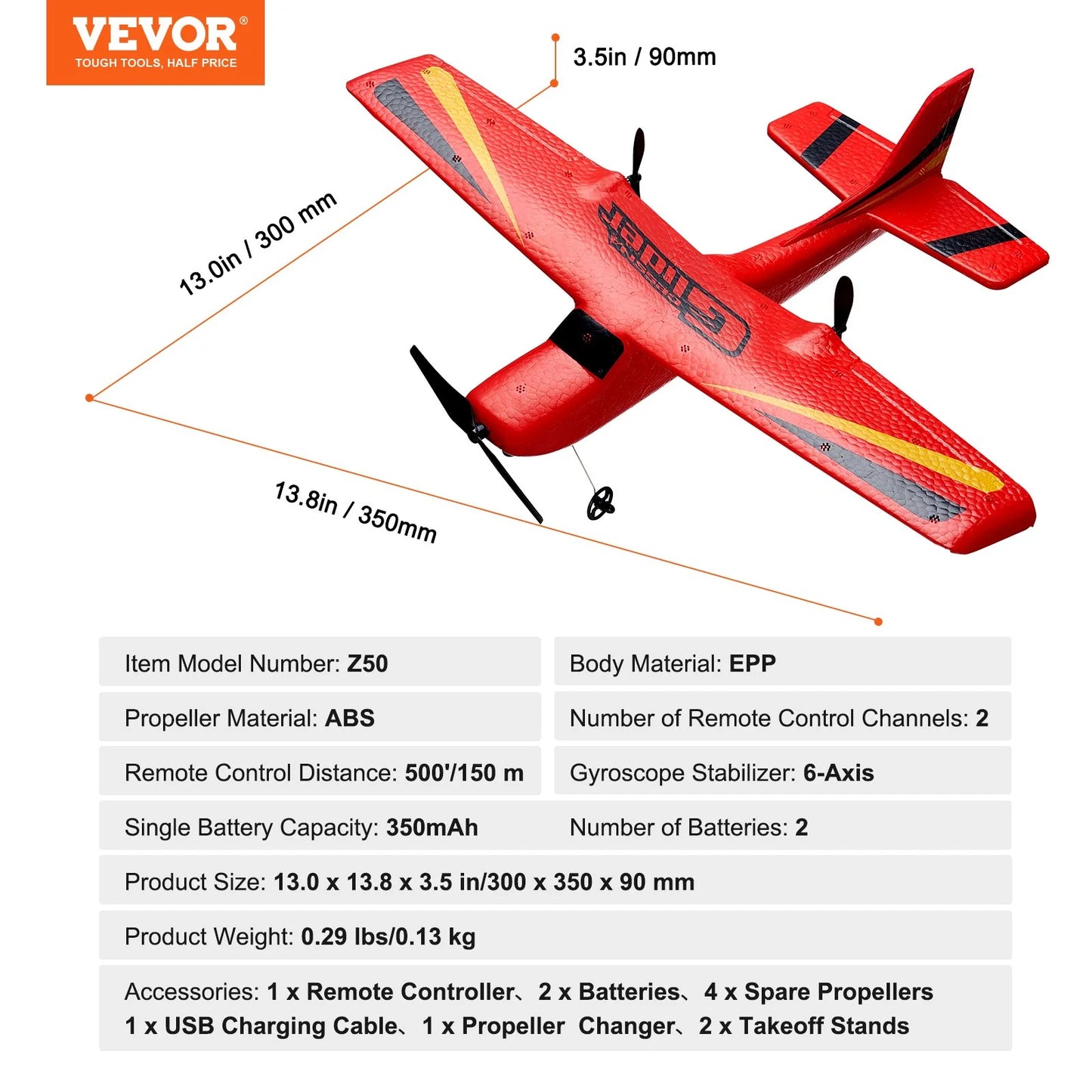 VEVOR EPP Foam RC Airplane with 2.4 GHz Remote Control and Dual Battery Pack